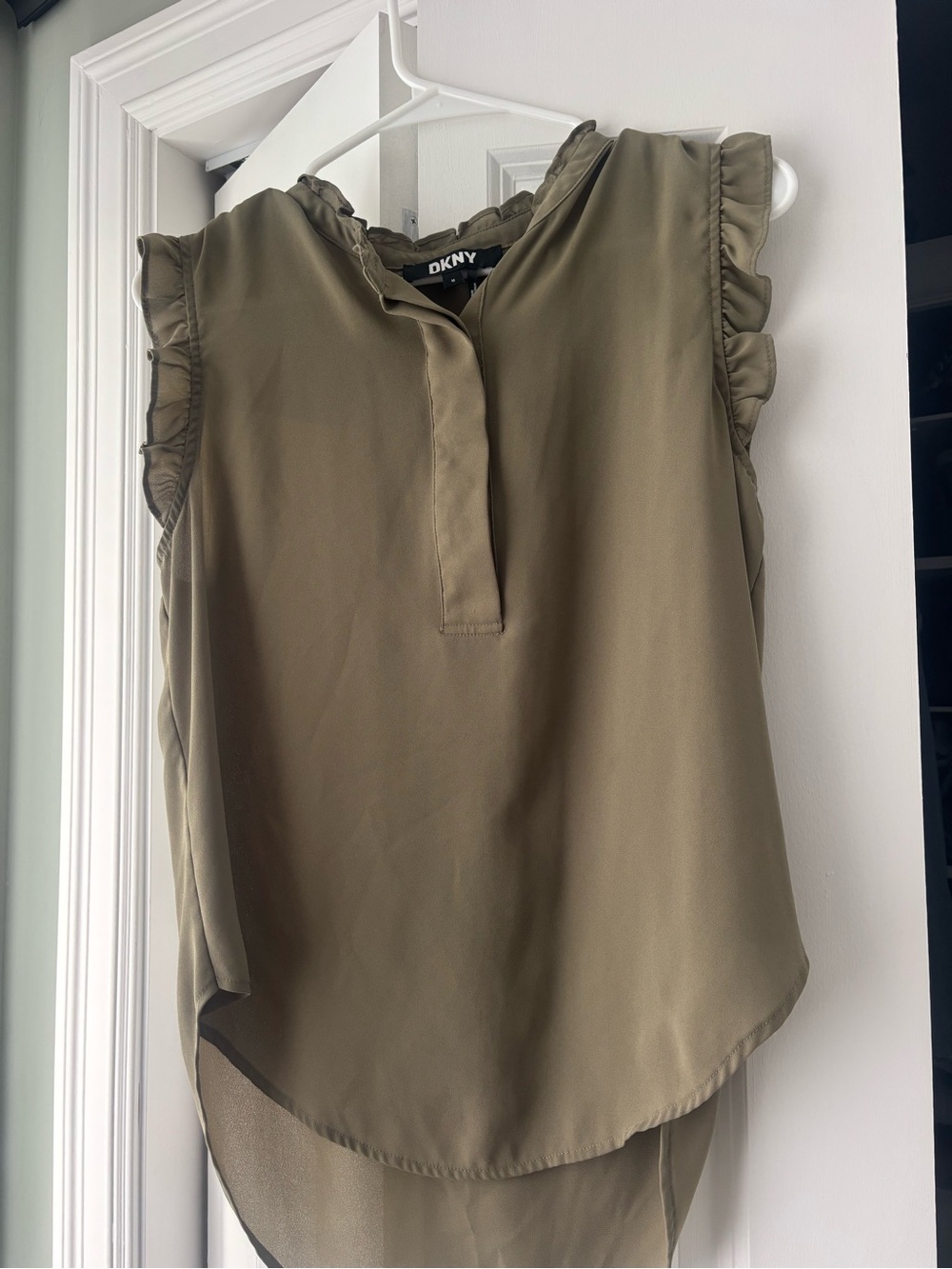 DKNY Olive Green Ruffle Trim Sleeveless Top